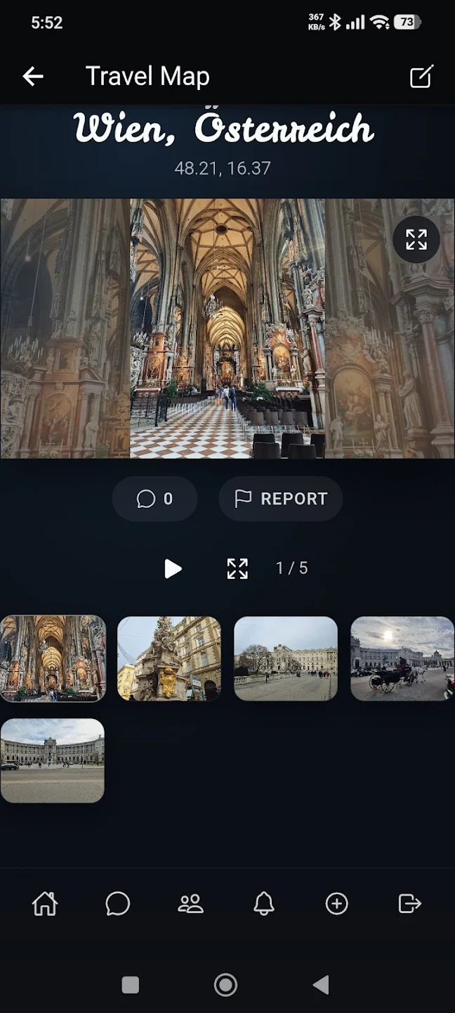 Travel memory details with photos and saved coordinates