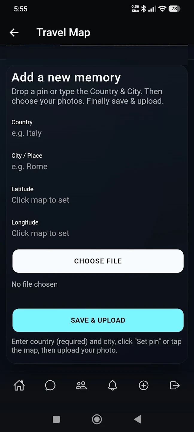 Create a travel memory and upload photos with optional location data